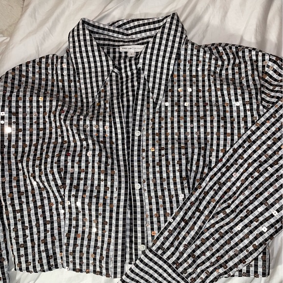 grey lab checkered sequin cropped button down size large NWOT - Picture 2 of 4